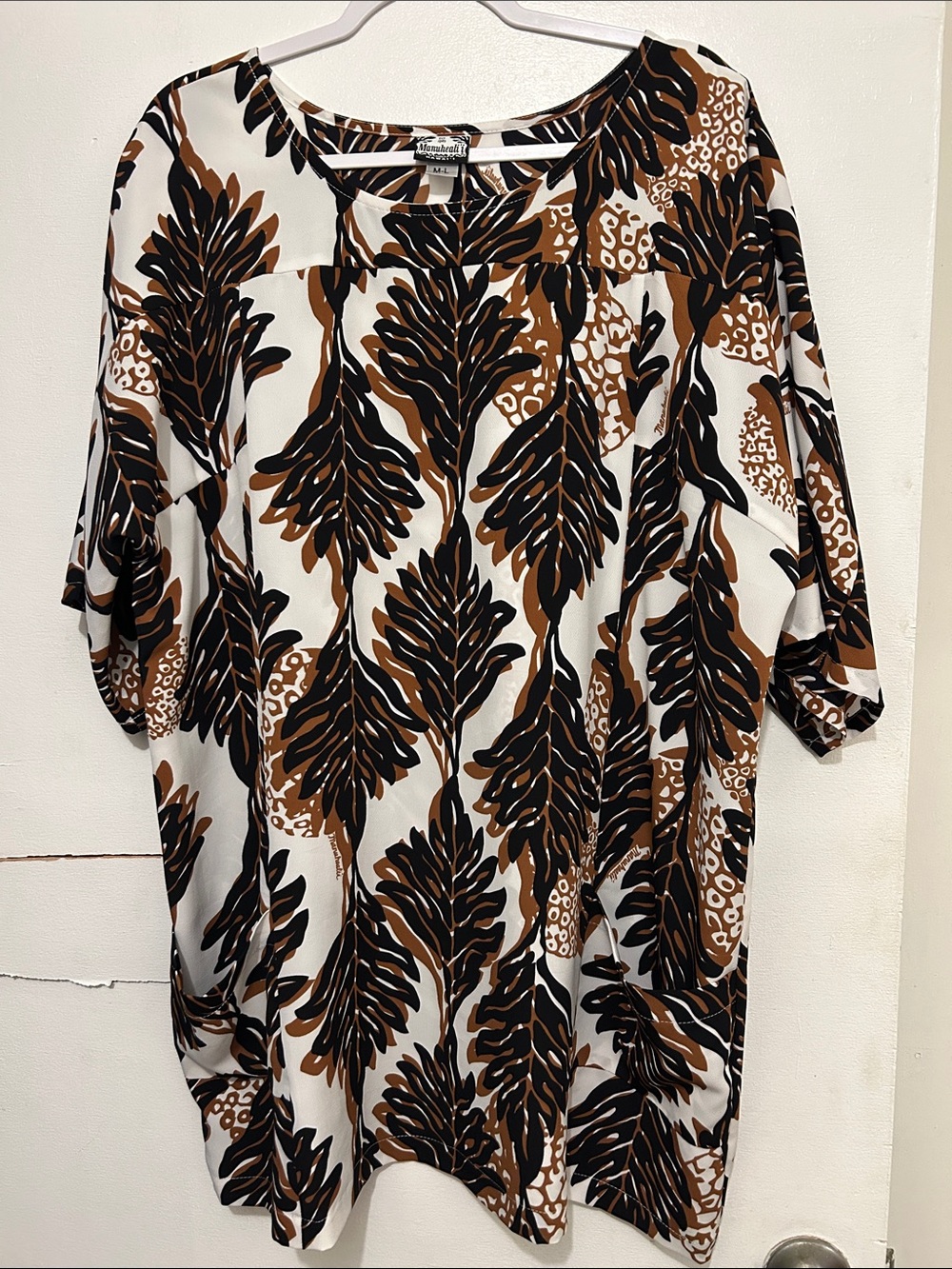 Manuhealii Cream dress with Brown and Black Leaf Print